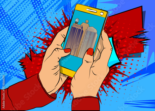 Cartoon Smartphone, comic book Telephone with Skyscraper. Retro vector comics pop art design.