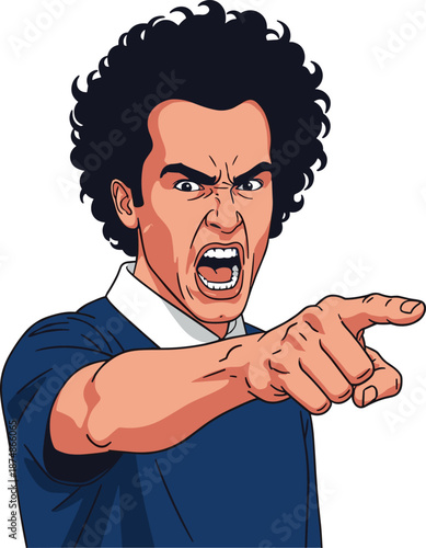 Angry Man Shouting and Pointing Finger, Aggressive Male Character Expressing Rage and Conflict, Emotional Outburst and Workplace Dispute Vector Illustration