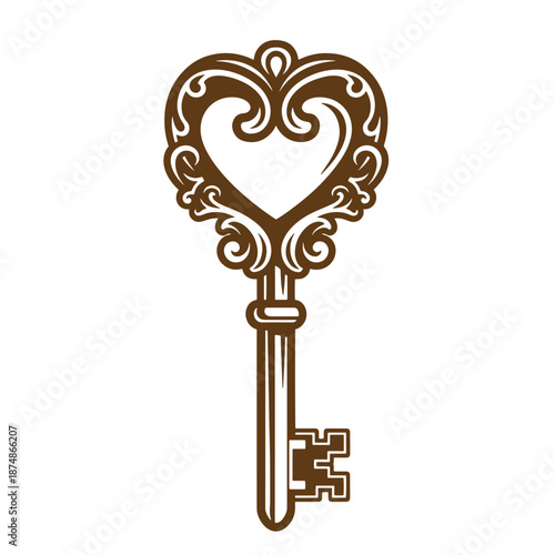 ornate heart shaped key with swirls isolated on white background