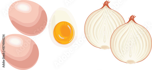 Fresh eggs and sliced onion isolated on white background, cooking ingredients flat vector illustration