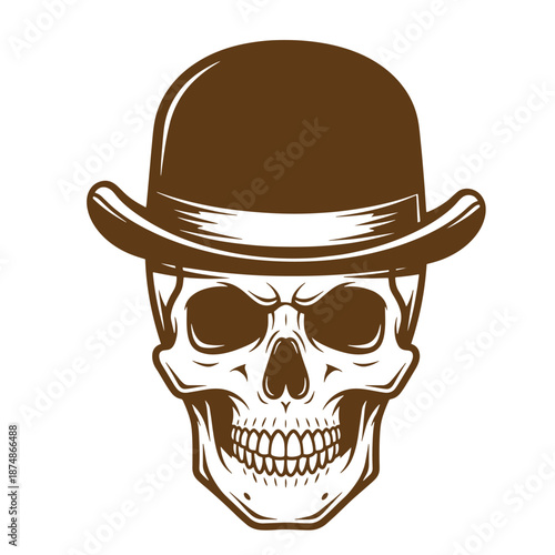 Smiling skull wearing brown bowler hat on white background