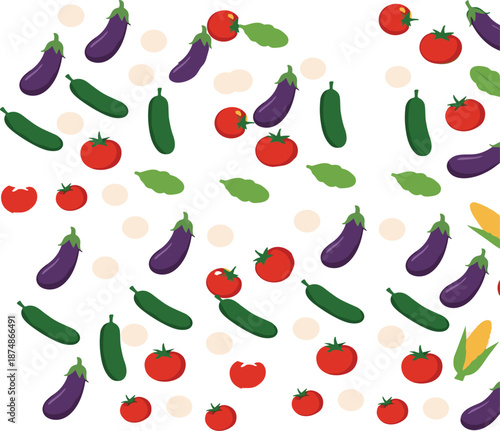 Fresh vegetables seamless pattern vector illustration with tomatoes cucumbers eggplants and greens isolated on white background