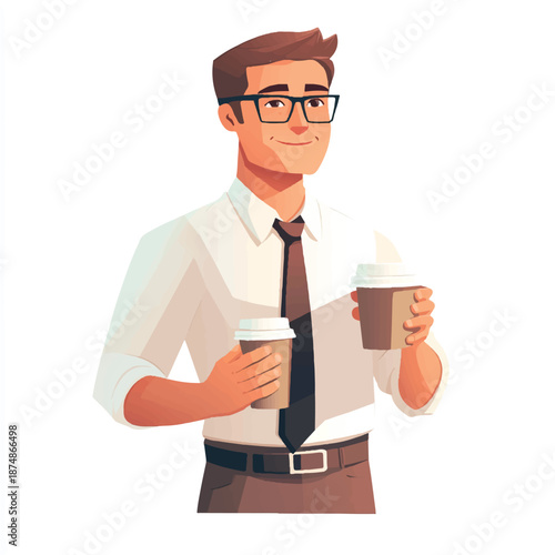 Professional man in glasses holding coffee cups looking confident and focused