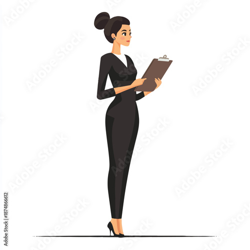 Professional Woman in Black Suit Holding Clipboard