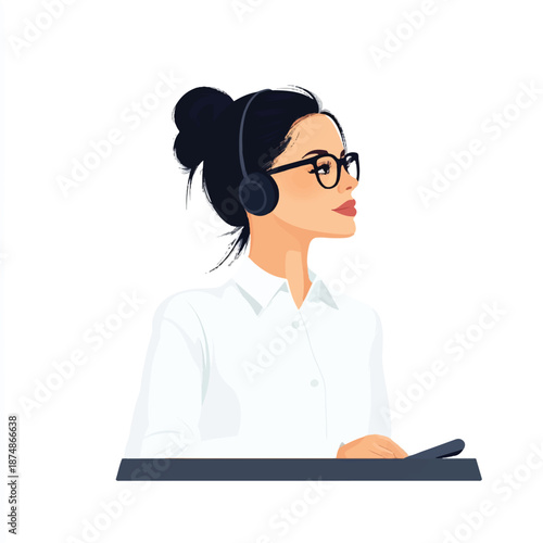 Professional woman with glasses and headset focused on her work
