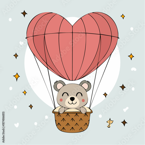 A cartoon koala in a wicker basket flies high in a red heart-shaped hot air balloon surrounded by stars