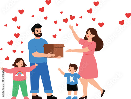 Happy family receiving gift box with love hearts vector illustration showing care support and togetherness isolated on white background