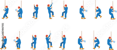 Industrial worker climbing rope illustration set showing safety, construction labor poses and work process