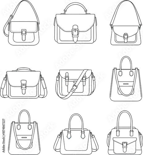 Minimal line art women handbags collection including shoulder bag tote bag satchel and crossbody purse outlines
