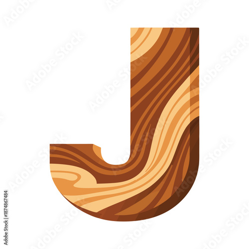 Letter j woody texture illustration brown alphabet capital type character uppercase wood grain sign isolated abc typography on white background