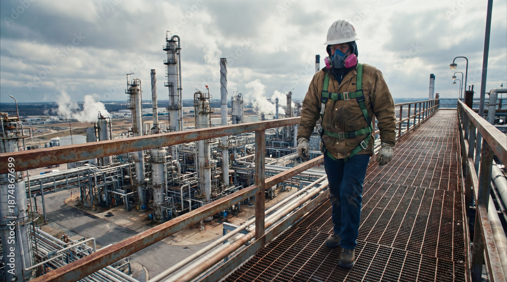 Fototapeta premium Industrial worker wearing safety gear walks along metal walkway in a refinery, surrounded by towering pipes and machinery, showcasing the importance of safety in industrial environments