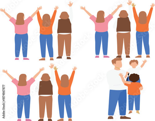 People cheering with raised hands from back view vector illustration set showing celebration teamwork and success isolated on white background