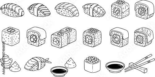 Outline set of black and white vector suchi icons collection
