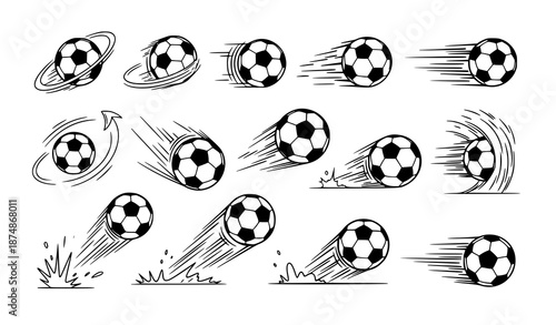 Soccer ball action and motion hand drawn icon set for sports design vector illustration