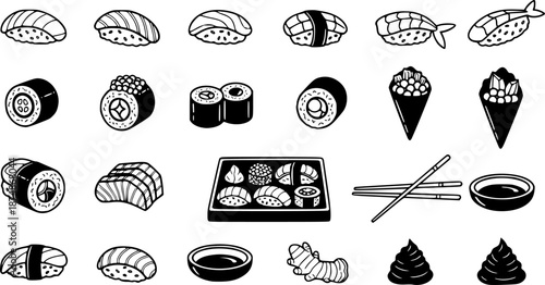 Outline set of black and white vector suchi icons collection