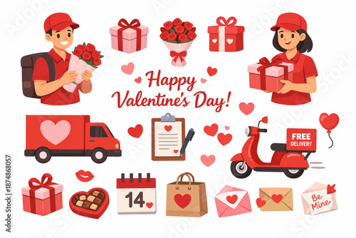 Happy Valentine’s Day Surprise Delivery Flat Icon Set with Couriers and Gifts
