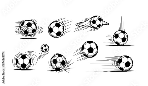 Dynamic hand drawn soccer ball motion vector symbols set for sports branding and graphics