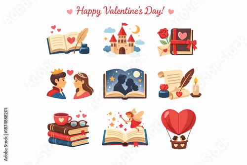 Valentine’s Day Storytelling Flat Icon Set with Books, Fairy Tales, and Romantic Novels