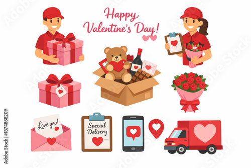 Happy Valentine’s Day Surprise Delivery Flat Icon Set with Couriers and Gifts