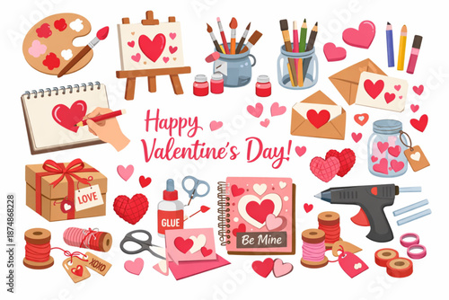 Valentine’s Day Art and Creativity Flat Icon Set with Painting, Drawing Hearts, and Handmade Gifts