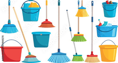 Collection of Household Cleaning Supplies Including Mops, Brooms, Buckets, and Detergent Containers in Various Styles Illustration