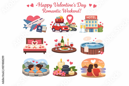 Valentine’s Day Romantic Weekend Flat Icon Set with Trips, Hotels, and Relaxing Activities