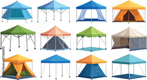 Collection of Outdoor Camping and Event Tents in Various Colors and Styles with Canopies, Support Poles, and Fabric Walls Illustration