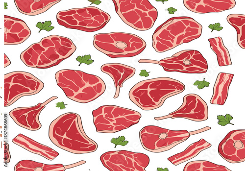 Raw meat cuts seamless pattern vector illustration with beef steaks and herbs isolated on white background