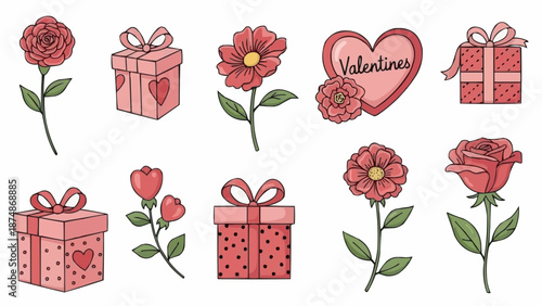 Collection of Valentines Day icons with roses and gift boxes.