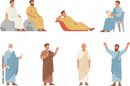 Ancient philosophers in Greco-Roman attire, discussing ideas, reading scrolls, expressing thoughts, classical education, historical wisdom scene