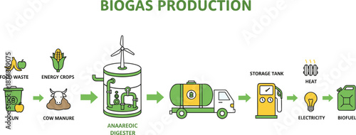 Biogas production process infographic, renewable energy from food waste, manure, anaerobic digestion, electricity, heat, biofuel