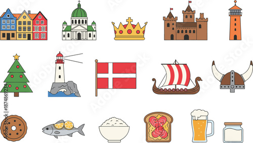 Denmark culture icons, Danish architecture, Viking heritage, traditional food, Scandinavian landmarks, Copenhagen symbols, Nordic lifestyle illustration