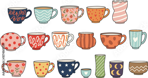 Colorful hand drawn cup and mug illustration set, modern ceramic drinkware patterns for kitchen decor and design