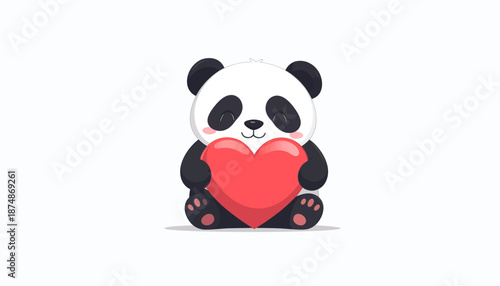 Adorable cartoon panda bear holding a red heart.