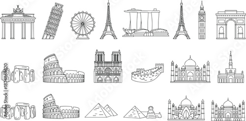 Global landmarks illustration, famous monuments drawing, world heritage icons, architectural tourism symbols, international travel destinations, cultural sites artwork
