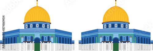 Golden dome Islamic shrine, Jerusalem architecture, vibrant blue walls, arched windows, religious landmark, cultural heritage, Middle Eastern design