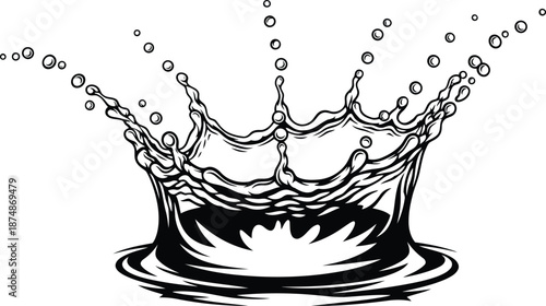 Dynamic Splash of Water with Droplets Creating Impressive Crown Shape - Perfect for Nature, Cleanliness, and Design Themes