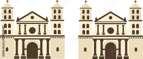 Historic cathedral facade, symmetrical architecture, twin bell towers, arched windows, beige walls, vector illustration, religious landmark design