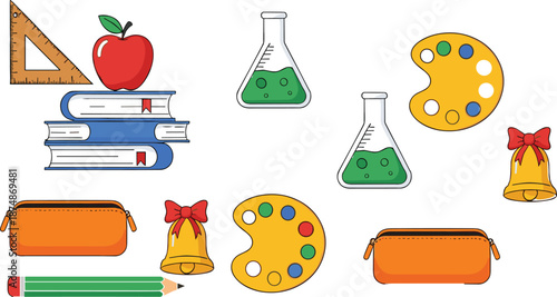 School education supplies vector illustration set with books science equipment art tools and stationery isolated on white background