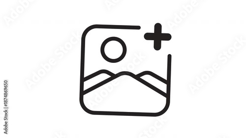 Picture icon with a plus symbol suitable for web design, adding new items, membership upgrades, enhancing user interface, digital content creation.