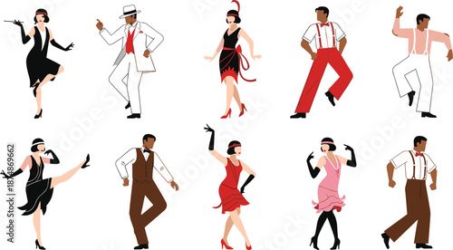 Vintage dancers in 1920s fashion, Charleston moves, flapper style, retro elegance, Jazz Age celebration, roaring twenties vibe