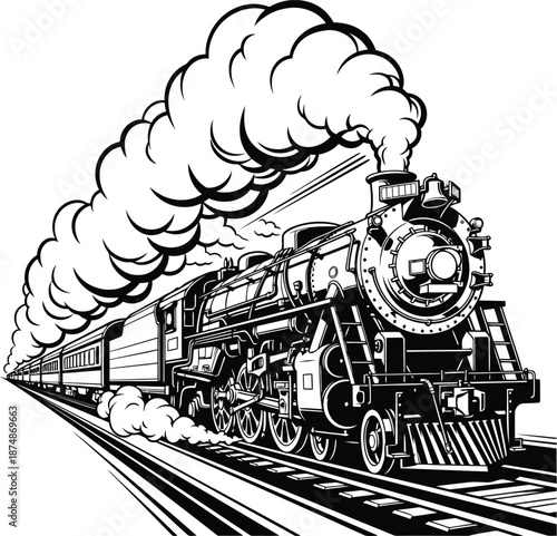 Vintage Steam Locomotive Illustrating the Golden Age of Train Travel, Perfect for Nostalgic Themes in Graphic Design