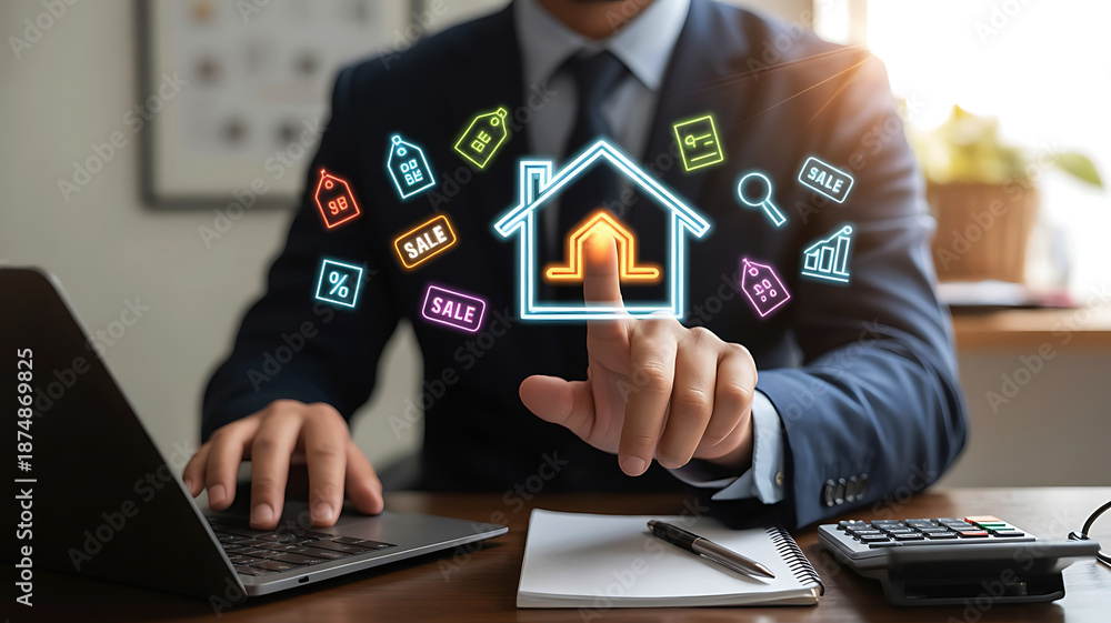 Naklejka premium Digital Real Estate Sales And Property Investment Technology Concept