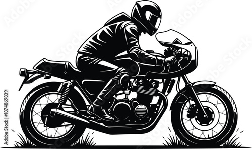 Dynamic Vintage Motorcycle Rider in Black and White Illustrative Style for Bikers, Enthusiasts, and Graphic Design