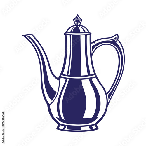 Dark blue and white illustration of a traditional Arabic coffee pot with long spout and handle