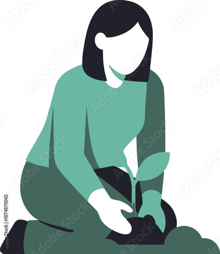 Eco-Conscious Woman Gardening: Planting Seedlings for Sustainable Living and Green Spaces