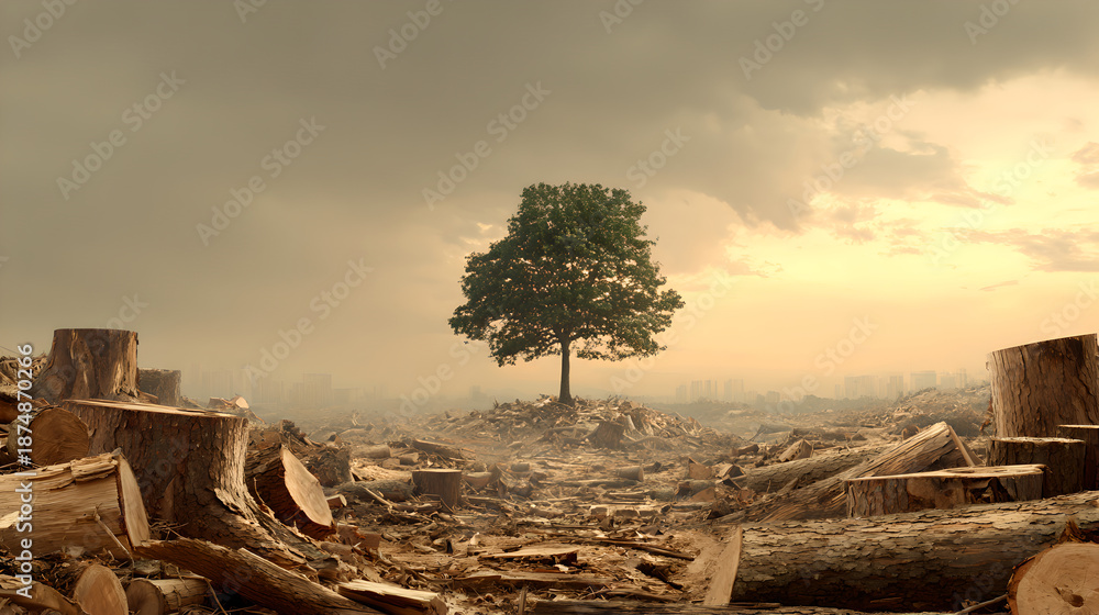 Obraz premium Lone Green Tree Standing Amidst Many Stumps Symbolizing Deforestation and Survival Hope 