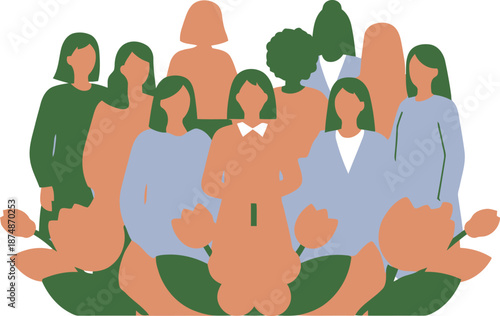 Diverse Group of Women Standing Together Among Flowers - Celebration of Femininity, Friendship, and Empowerment in Modern Illustration