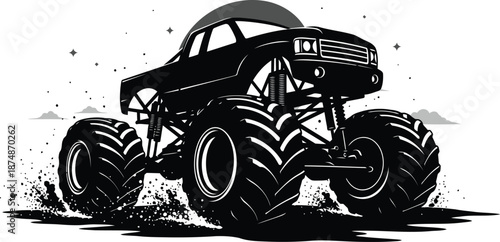 Dynamic Black Monster Truck in Action with Exaggerated Tires and Dust Clouds for High-Energy Sports and Motorsport Imagery