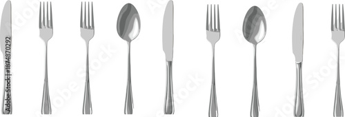 Stainless steel cutlery utensils vector illustration set with forks knives and spoons isolated on white background for tableware design
